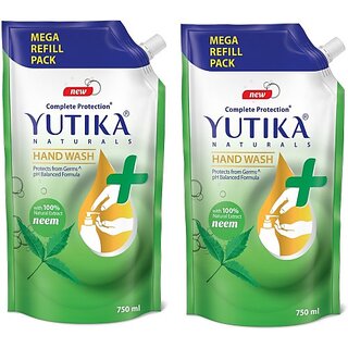                       Yutika Naturals Hand Wash Complete Protection 100% Natural Extract for Hand Hygiene Protect from Germs pH Balanced Formula Neem 750ml Hand Wash Refill Pouch (2 x 750 ml)                                              
