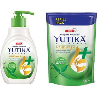                       Yutika Naturals Complete Protection Neem Handwash 100% Natural Extract Liquid Soap Pump, 200ml With Free Liquied Refill Handwash Hand Wash Pump + Refill (2 x 190 ml)                                              