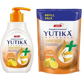                       Yutika Naturals Complete Protection Lemon Hand Wash 100% Natural Extract Liquid Soap Pump, 200ml With 180ml Liquid Hand Wash Pump + Refill (380 ml)                                              