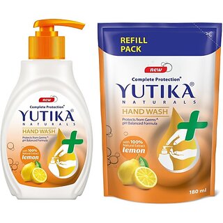                       Yutika Naturals Complete Protection Lemon Handwash 100% Natural Extract Liquid Soap Pump, 200ml With Free Liquied Refill Handwash Hand Wash Pump + Refill (2 x 190 ml)                                              