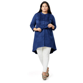                       MISS TEASE Exclusive Round Neck Suede Solid Knee Length Full Sleeve Blue Plus Size Tunic For Women                                              