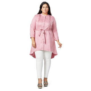                       MISS TEASE Exclusive Round Neck Suede Solid Knee Length Full Sleeve Pink Plus Size Tunic For Women                                              