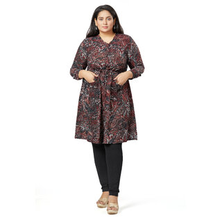                       MISS TEASE Exclusive V-Neck Georgette Graphic Print Knee Length Full Sleeve Maroon Plus Size Tunic For Women                                              