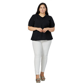                      MISS TEASE Exclusive V Neck Cotton Solid Hip Length Half Sleeves Black Plus Size Top For Women                                              