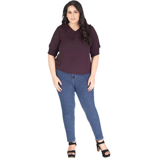                       MISS TEASE Exclusive V Neck Georgette Solid Hip Length Half Sleeves Purple Plus Size Top For Women                                              