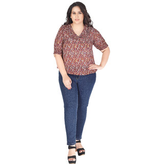                       MISS TEASE Exclusive Round Neck Georgette Floral Print Hip Length Half Sleeves Maroon Plus Size Top For Women                                              