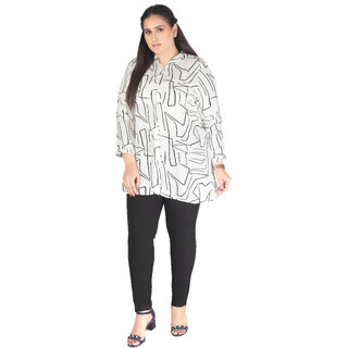                       MISS TEASE Exclusive Round Neck Poly Cotton Graphic Print Hip Length Full Sleeves White Plus Size Top For Women                                              