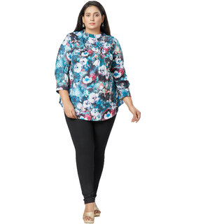                       MISS TEASE Exclusive Chinese Collar Poly Cotton Floral Print Hip Length 3/4th Sleeves Blue Plus Size Top For Women                                              