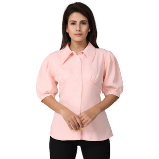                       MISS TEASE Exclusive Shirt Collar Cotton Lycra Solid Hip Length Half Sleeves Pink Plus Size Top For Women                                              