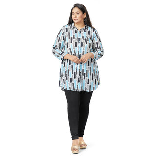                       MISS TEASE Exclusive Shirt Collar Poly Chiffon Graphic Print Hip Length Full Sleeves Blue Plus Size Top For Women                                              