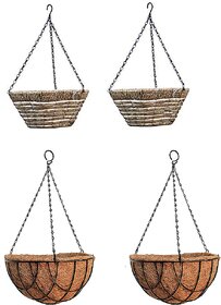 GARDEN DECO 12 Inch Natural Hanging Basket  8 Inch Coir Hanging Basket Combo (Each Design 2 PCs, Total 4 PCs)