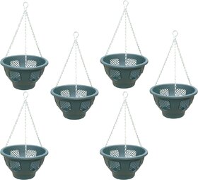 GARDEN DECO Plastic Hanging Basket- 12 Inch (Set of 6 Hanging Pots for Gardening)