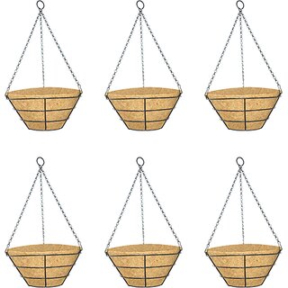GARDEN DECO 10 INCH Coir Hanging Basket with Chain, Flat Base. (25x25x12.5 cm, 6 PCs) Coir Hanging Pots Home Garden