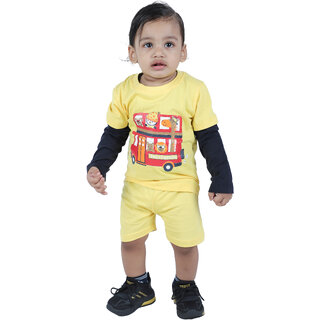                       Kid Kupboard Cotton Baby Boys T-Shirt and Short, Yellow and Black, Full-Sleeves, Crew Neck, 1-2 Years                                              