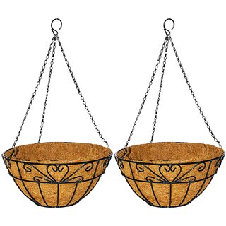                       GARDEN DECO 14 Inch Heart Design Coir Hanging Basket with Chain for Indoor and Outdoor (Set of 2 PCs)                                              