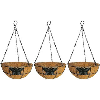                       GARDEN DECO 10 Inch Coir Hanging Basket with Chain (Butterfly Design, Set of 3 PCs) Designer Coir Hanging Flower Plant C                                              