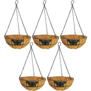                       GARDEN DECO 10 Inch Coir Hanging Basket with Chain (Butterfly Design, Set of 5 PCs) Designer Coir Hanging Flower Plant C                                              