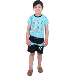                       Kid Kupboard Cotton Boys T-Shirt and Short, Blue and Black, Half-Sleeves, Crew Neck, 6-7 Years                                              
