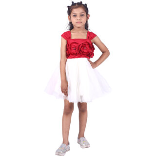                       Kid Kupboard Cotton Girls A-Line Frock, Red and White, Sleeveless, Square Neck, 7-8 Years                                              