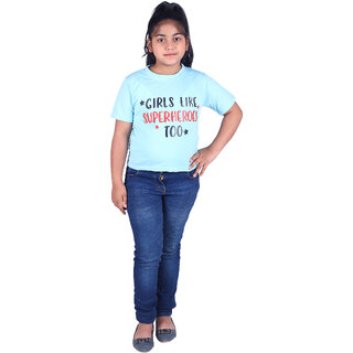                      Kid Kupboard Cotton Girls T-Shirt, Sky Blue, Half-Sleeves, Crew Neck, 9-10 Years                                              