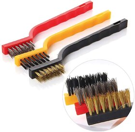 S4 Cleaning 3 Pieces Mini Wire Brush Set, Brass, Nylon, Stainless Steel Bristles