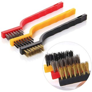                       S4 Cleaning 3 Pieces Mini Wire Brush Set, Brass, Nylon, Stainless Steel Bristles                                              