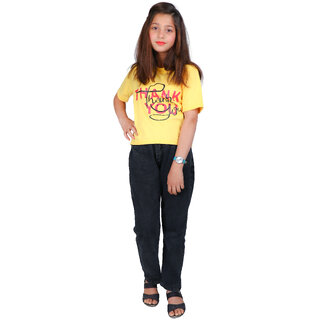                       Kid Kupboard Cotton Girls T-Shirt, Light Yellow, Half-Sleeves, Crew Neck, 9-10 Years                                              