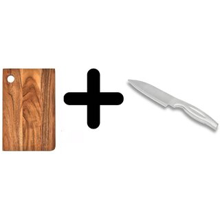 ONBV Acacia Wood Chopping Board 10x7 with Chef Knife Small Premium High-Stainless Steel Knife Set, 2-Pieces, Silver Use