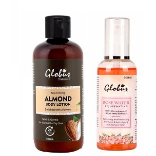                       (Pack of 2) Globus Naturals Rose Water With Aloe Vera extract 100ml and Nourishing Almond Body Lotion Enriched With Aloevera, Coconut, Kokum Butter 300 ml                                              