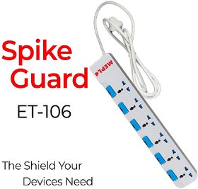 MEPL Grey COLOUR 6x6 Power Strip with 2 meter cable and 6A Spike GuardMulti Socket Spike GuardSurge ProtectorExtensio