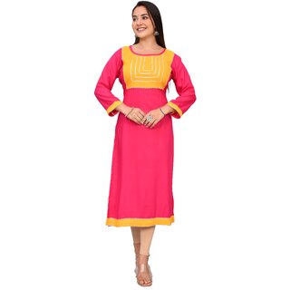                       Padlaya Fashion Women's Solid Straight Fit Rayon Kurta with Lace Work Suitable for Any Ocassion (Color-Pink  PF060)                                              