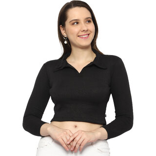                       ROARERS Womens Polo Black Crop Top                                              