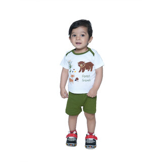                       Kid Kupboard Cotton Baby Boys T-Shirt and Short, White and Green, Half-Sleeves, Crew Neck, 2-3 Years                                              