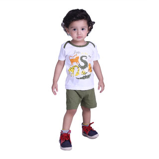                       Kid Kupboard Cotton Baby Boys T-Shirt and Short, White and Olive Green, Half-Sleeves, Crew Neck, 3-4 Years                                              