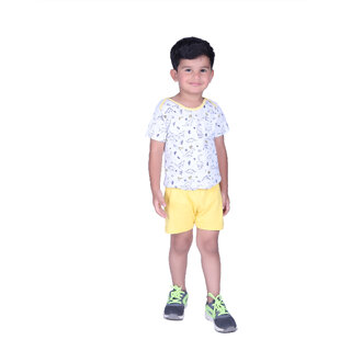                       Kid Kupboard Cotton Boys Solid T-Shirt and Short, White and Yellow, Half-Sleeves, Crew Neck, 7-8 Years KIDS3136                                              