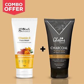 Globus Naturals Activated Charcoal Peel off Mask With Vitamin C Face Wash (100g+75g) Combo