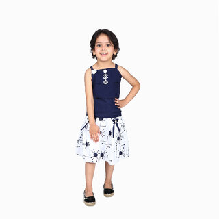                       Kid Kupboard Cotton Girls Top and Skirt, Blue and White, Sleeveless, Square Neck, 6-7 Years                                              