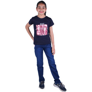                       Kid Kupboard Cotton Girls T-Shirt, Dark Blue, Half-Sleeves, Crew Neck, 7-8 Years KIDS3153                                              