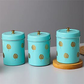 Dudki Quoted Stainless Steel Round Canister/Kitchen Storage For Tea Coffee Sugar Pack Of 3 (Aqua)