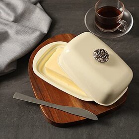 Dudki Stainless Steel Butter Dish Storage Box Organizer With Ceramic Knob Design (500 Gram) (Ivory Colour)