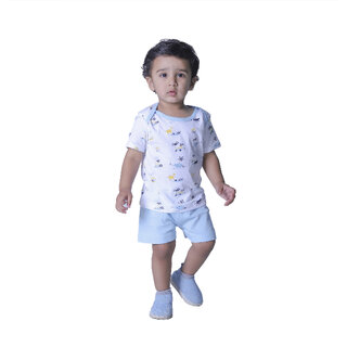                       Kid Kupboard Cotton Baby Boys T-Shirt and Short, White and Light Blue, Half-Sleeves, Crew Neck, 1-2 Years KIDS4006                                              