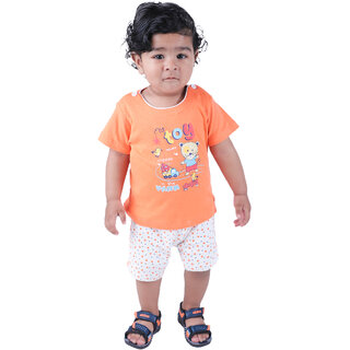                       Kid Kupboard Cotton Baby Boys T-Shirt and Short, Orange and White, Half-Sleeves, Crew Neck, 1-2 Years KIDS4008                                              