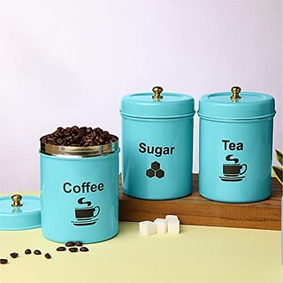                       Dudki Quoted Stainless Steel Round Canister/Kitchen Storage For Tea Coffee Sugar Pack Of 3 (Aqua)                                              