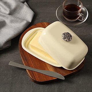                       Dudki Stainless Steel Butter Dish Storage Box Organizer With Ceramic Knob Design (500 Gram) (Ivory Colour)                                              