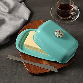 Dudki Stainless Steel Butter Dish Storage Box Organizer With Ceramic Knob Design (500 Gram) (Aqua Colour)