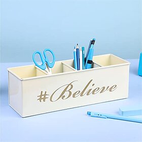 Dudki Stylish Quoted Desk Organizer For Office Table With 4 Compartments  Metal Desk Organizer Stationary Storage Stand Pen Pencil Holder For Office Home And Study Table (Believe) Ivory