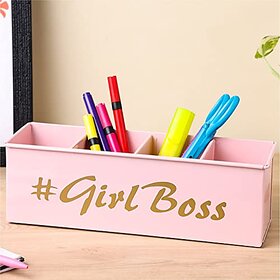 Dudki Stylish Desk Organizer For Office Table With 4 Compartments  Metal Desk Organizer Stationary Storage Stand Pen Pencil Holder For Office Home And Study Table (Girl Boss) Light Pink
