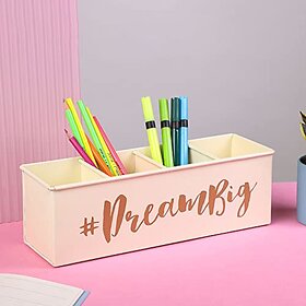 Dudki Stylish Quoted Desk Organizer For Office Table With 4 Compartments  Metal Desk Organizer Stationary Storage Stand Pen Pencil Holder For Office Home And Study Table (Dream Big) Ivory