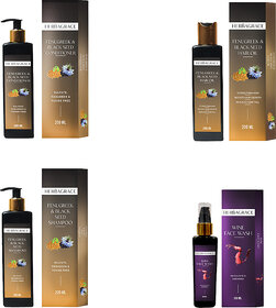 HERBAGRACE Kit of Fenugreek & Black Seed Oil, Shampoo, Conditioner 200ml + Red Wine Facewash, 100ml (4 Items in the set)