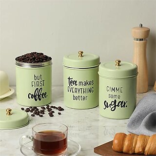                       Dudki Quoted Stainless Steel Round Canister/Kitchen Storage For Tea Coffee Sugar Pack Of 3 (Pistachio Green)                                              